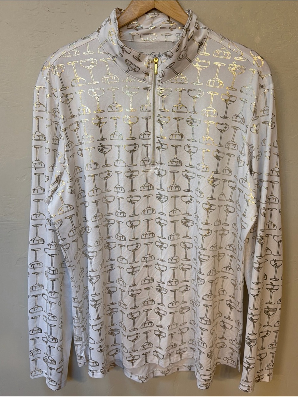 San Soleil Womens XL White Gold Martini Glasses 1/4 Quarter Zip Athletic UPF 50